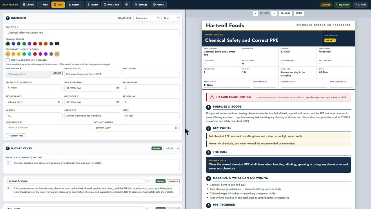 The SOP Maker editor beside the finished A4 procedure it produces, with the document-control header, hazard class and PPE icons filled in