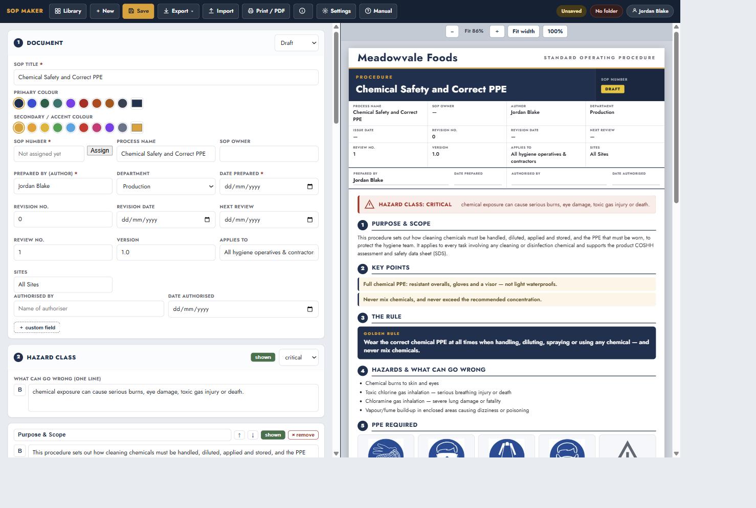 The SOP editor with the form on the left and a live preview of the finished SOP on the right.