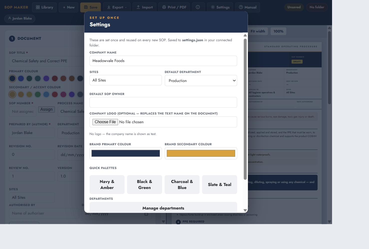 The Settings panel showing company name, logo upload, brand primary and secondary colour pickers, colour presets, and default department and owner fields.