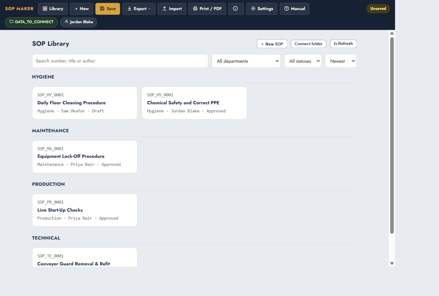 The SOP Library listing saved SOPs grouped by department, with search, department and status filters, and sort controls.