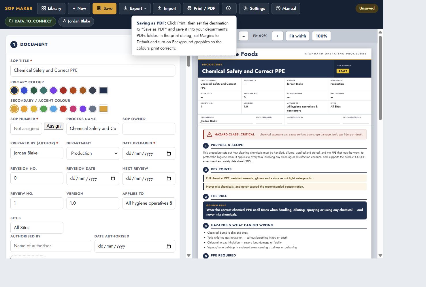 A tip panel explaining how to save an SOP as a PDF using the browser print dialog, with Save as PDF selected.
