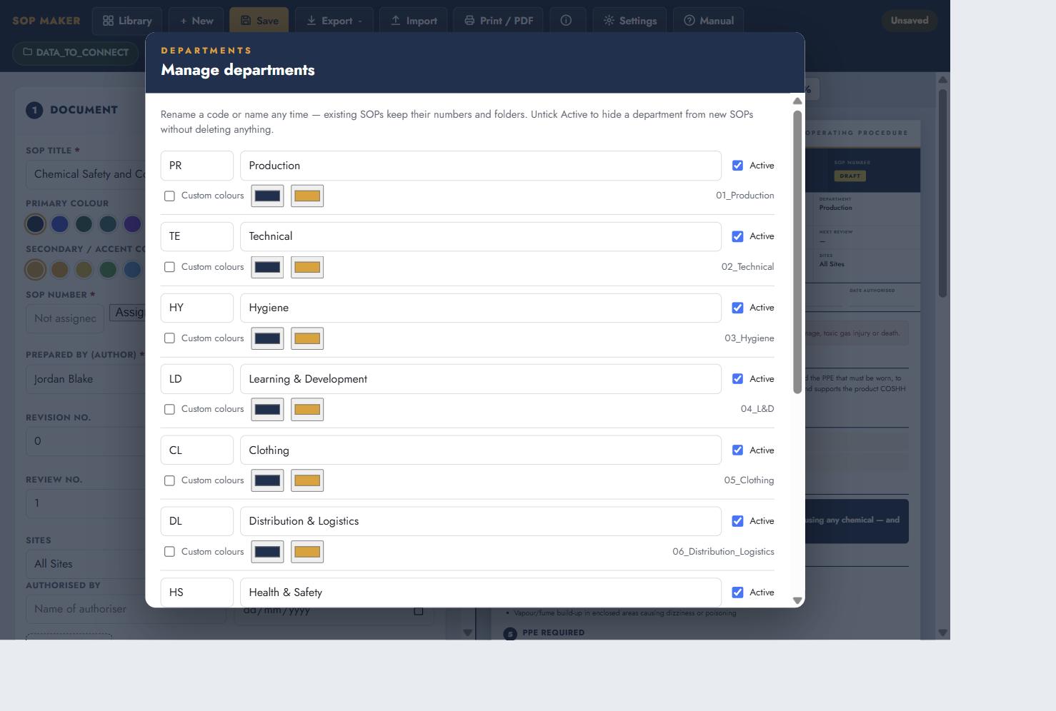 The Manage departments screen, listing department codes and names with active toggles and controls to rename or add a department.